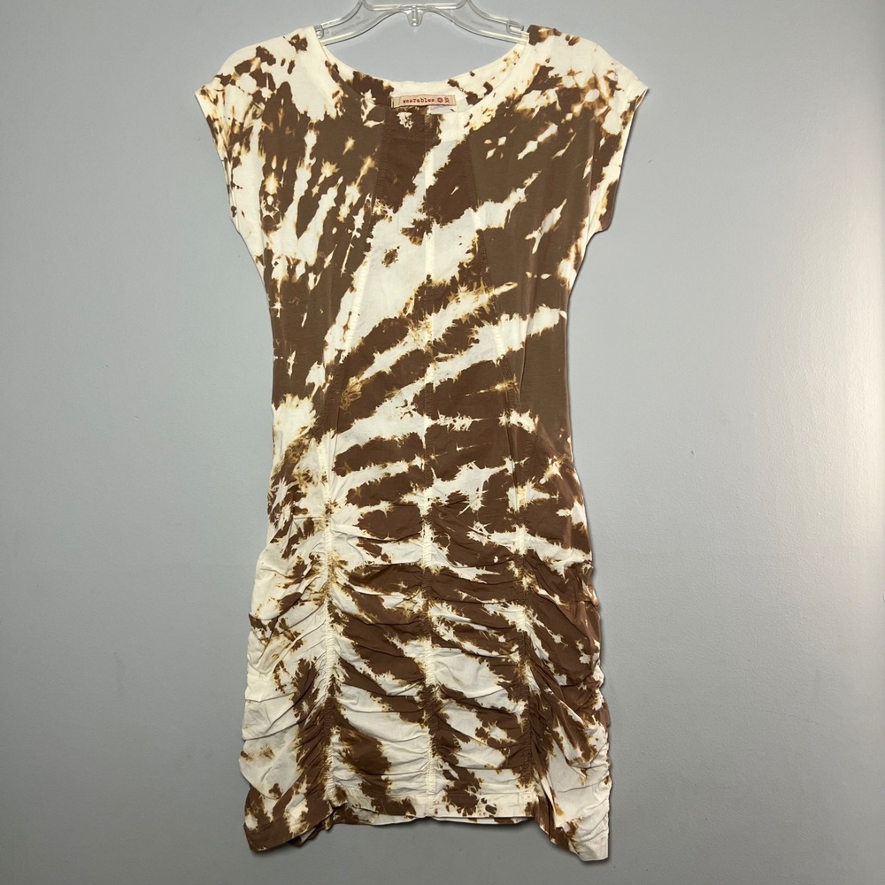XCVI Wearables Brown White‎ Tie Dye Ruched Mini Dress Womens XS Festival Boho